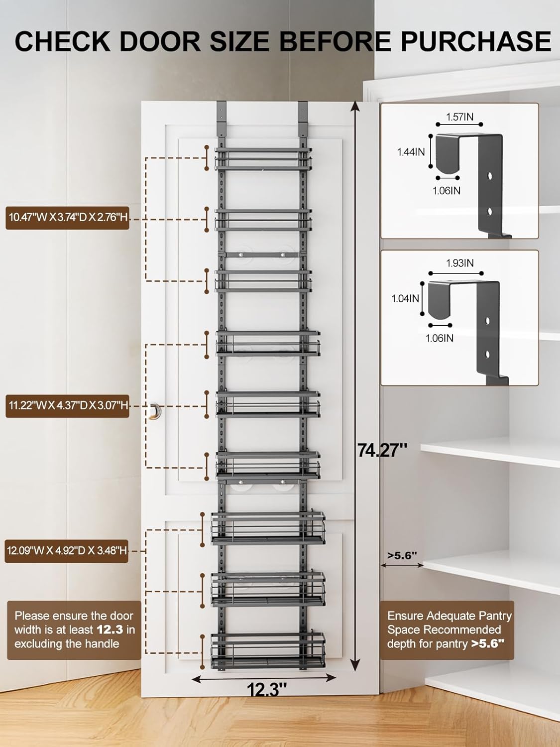 Delamu Kitchen Over the Doors Organizer, Adjustable 9-Tier Pantry Door Organizers and Storage, Hanging Spice Rack Shelves, Laundry Room Organization, 74in, Black