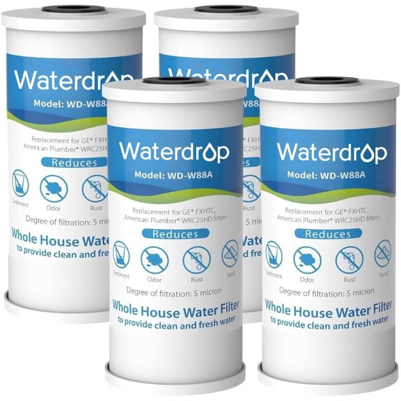 Waterdrop FXHTC Whole House Carbon Water Filter, Replacement for GE® FXHTC, GXWH40L, GXWH35F, Culligan® RFC-BBSA, American Plumber W10-PR, W10-BC, WRC25HD, 10" x 4.5" Cartridge, 5 Micron, Pack of 4