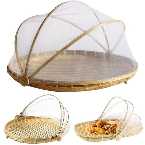 Walbest Food Serving Tent Basket, Hand Woven Bamboo Serving Basket Dustproof Bug Proof Mosquitoesor Vegetable Fruits Food Meals Tray Container with Net Mesh Cover