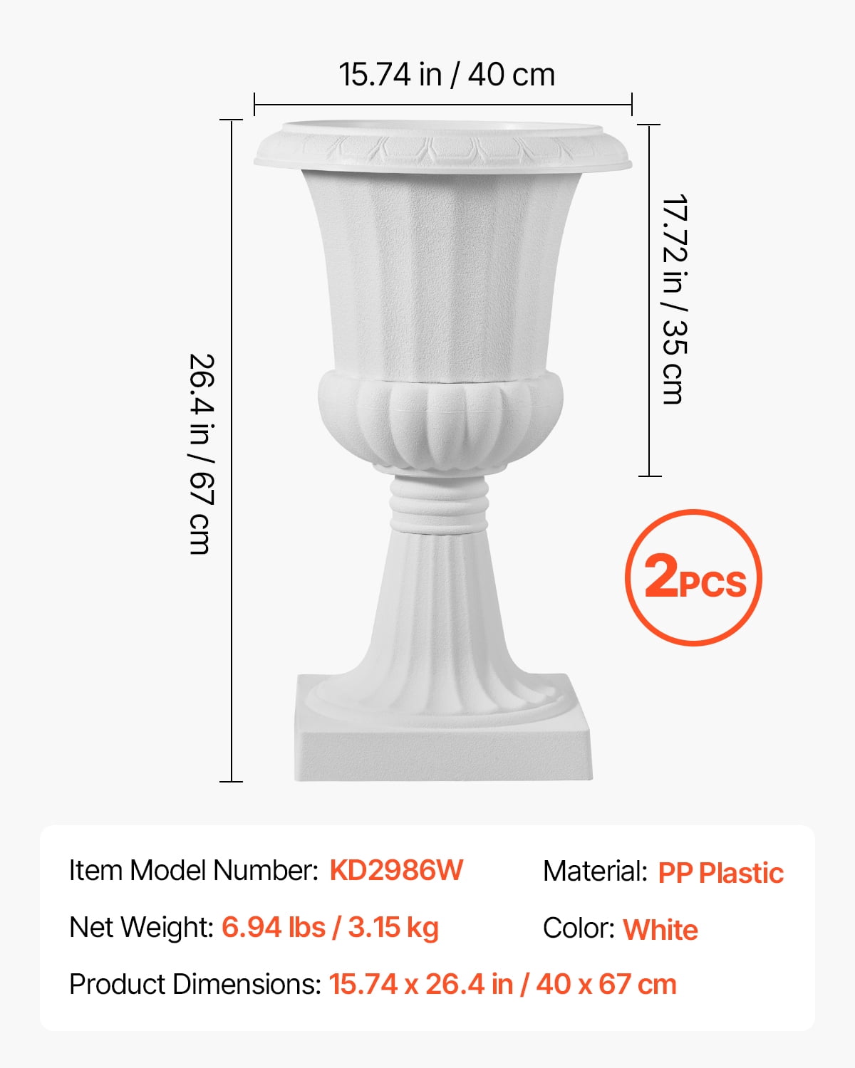 VEVOR Plastic Urn Planters, 15.8 x 26.4 Inch, 2 Pack White Classic Flower Pots Front Porch Planters, Indoor & Outdoor Vase for Wedding, Party, Event, Home, Stage, Garden, Balcony, Patio Decoration