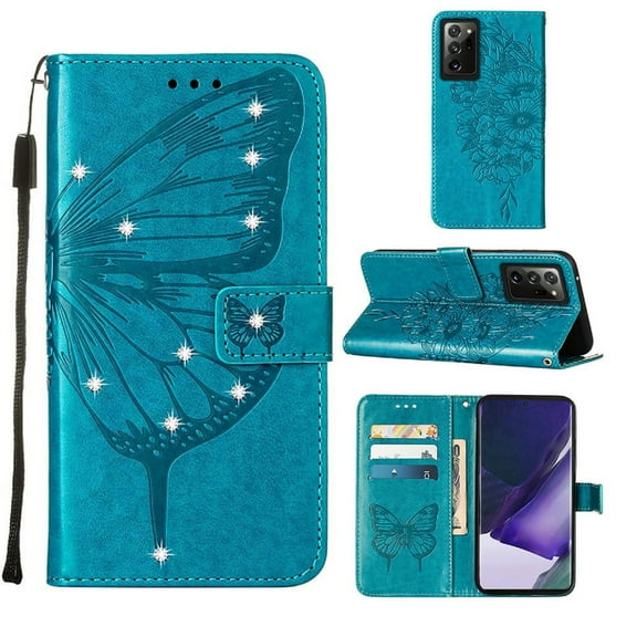 Dteck Wallet Case for Samsung Galaxy Note 20 Ultra with Kickstand Card Slot Holder Magnetic Clasp Phone Cover, Shining Diamond PU Leather Bracket Shockproof Wrist Strap Flip Folio Case,Blue