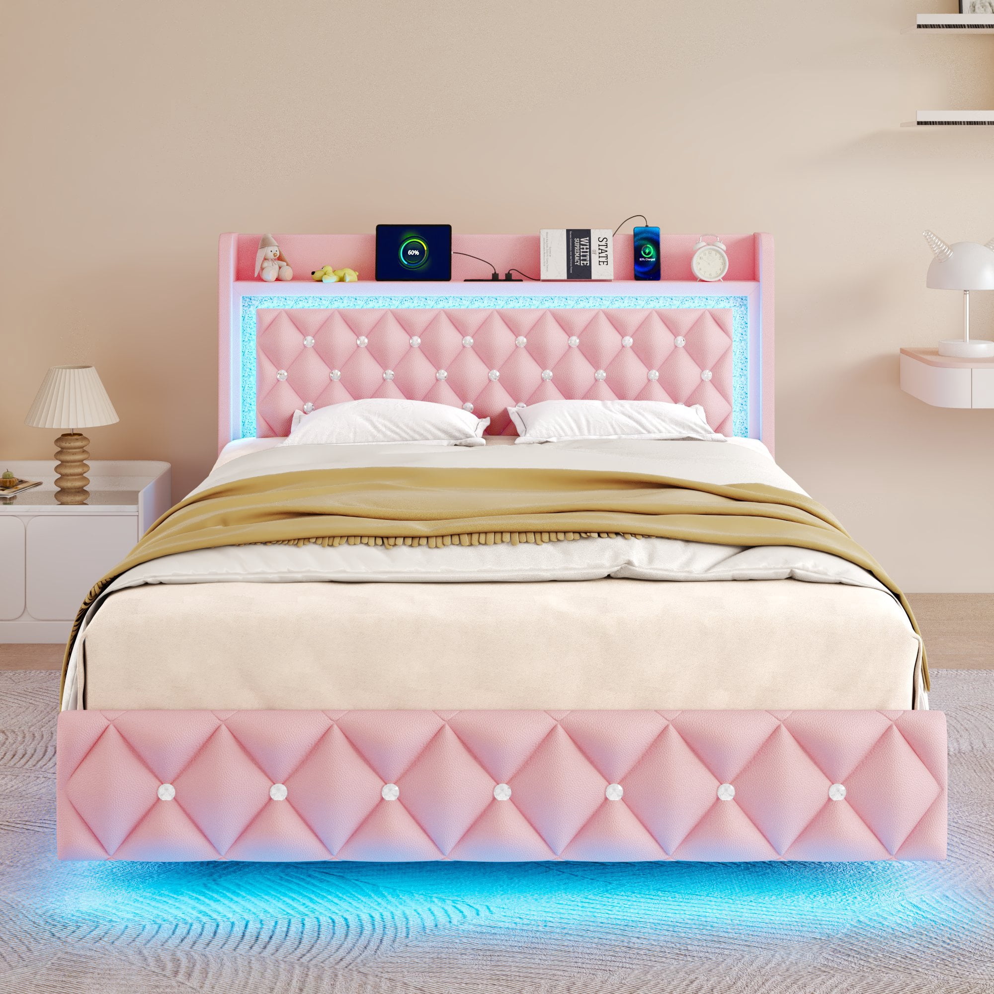 Blotout Floating Queen Bed Frame with LED Lights&Power Outlet, Upholstered Pu Leather Platform Bed with Diamond Tufted Storage Headboard & Footboard, No Box Spring Needed, Noise Free, Pink