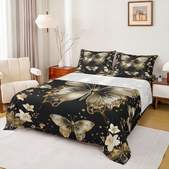 Manfei Flowers Butterflies Boy Girl Twin Sheet Sets 3pcs,Vintage Aesthetic Twin Fitted Sheet Microfiber,Exotic Style Breathable Flat Sheet,Super Cozy Room Decor