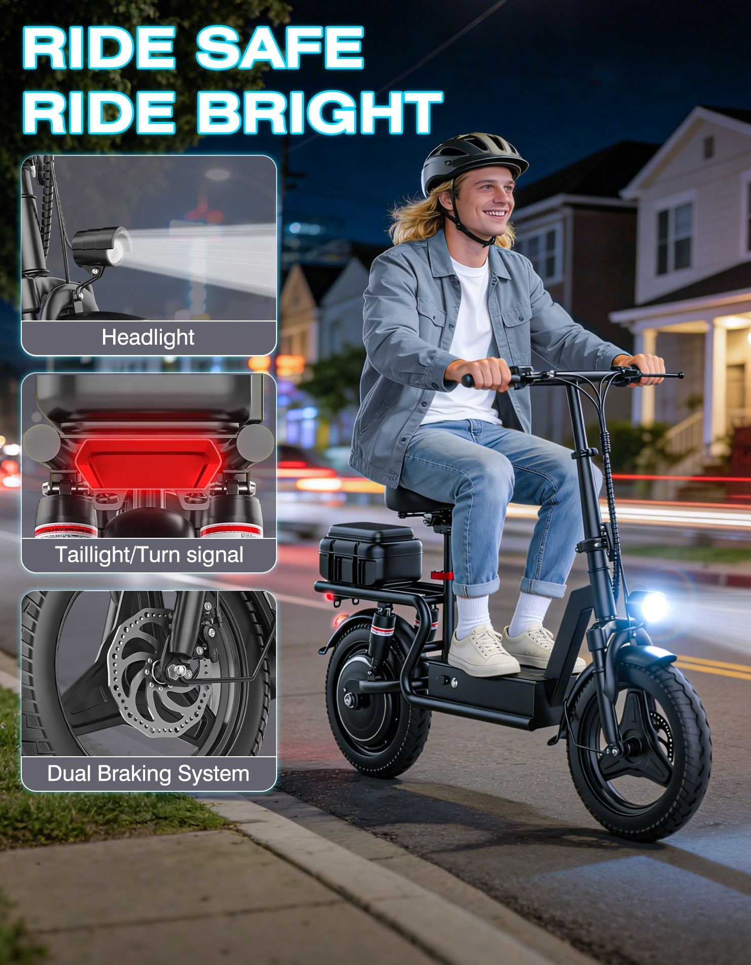 AZHAR GT12 Electric Scooter with Seat 1400W Peak Motor with Carry Basket, 25mph 48V20AH 45Miles Foldable 14" E Scooter for Commuting