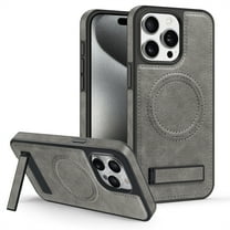Dteck Case for iPhone 15 Pro Max,Magnetic Leather Case Built-in Invisible Stand Shockproof Rubber Kickstand Compatible with Mag Safe Cover,Gray