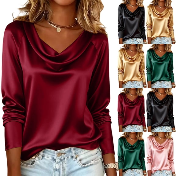 WULMLEO Womens Satin Blouse Cowl Neck Draped Silky Long Sleeve Dressy Tops Fall Trendy Fashion Business Casual Outfit Wine S