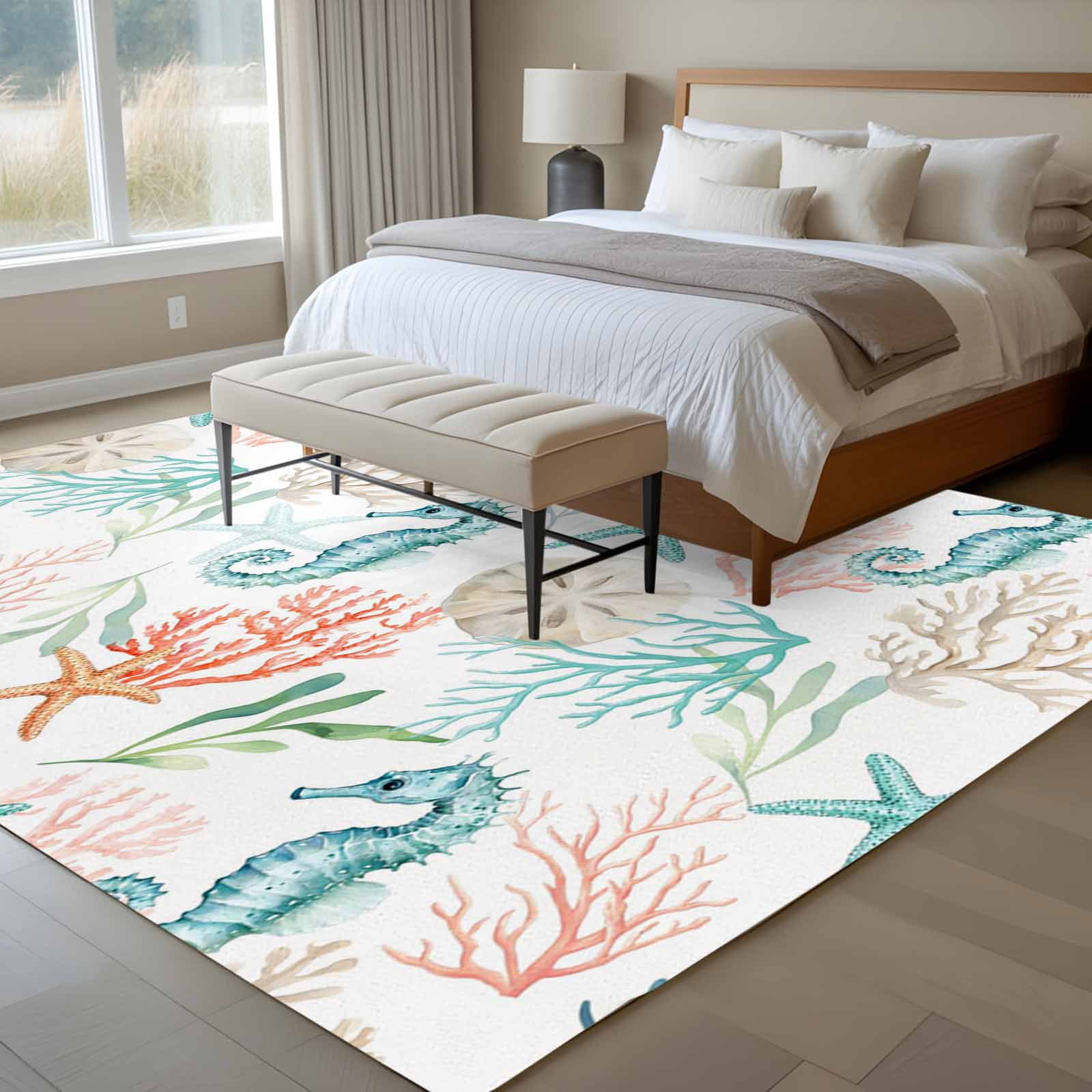 5'x7' Area Rugs for Living Room Bedroom, Teal Red Seahorse Coastal Washable Rug Carpet Runner Indoor Outdoor, Nautical Beach Coral Starfish Non Slip Floor Mats Area Rug for Kitchen, Nursery