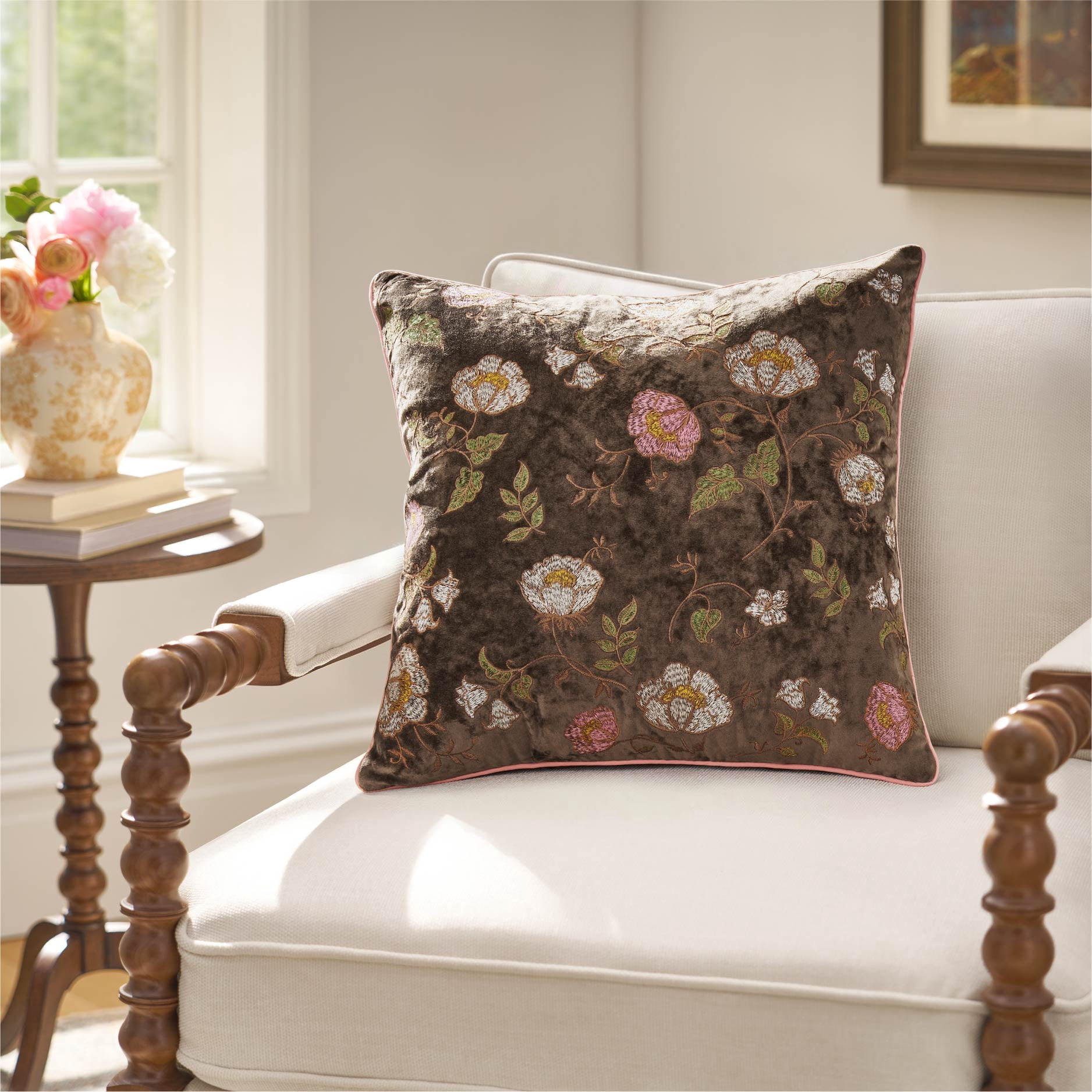 The Pioneer Woman Velvet Embroidered Floral Brown Decorative Pillow, 18 in x 18 in