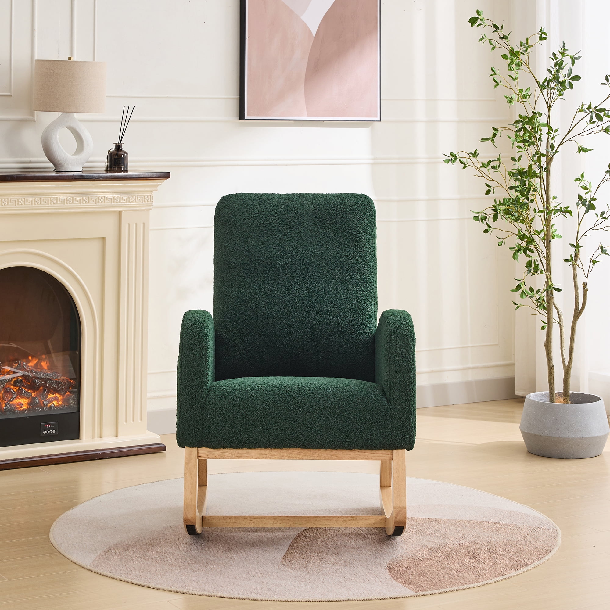 27.2"W Rocking Chair for Nursery, Sherpa Glider Chair with High Back and Side Pocket, Rocking Accent Armchair with Rubber Wood Legs for Living Room/Bedroom.Green
