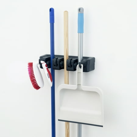 Superio Mop And Broom Holder Wall Mount Black Cleaning Tools Wall Organizer 3 Rack Slots / 4 Hooks For Kitchen Closet Garage Garden Office