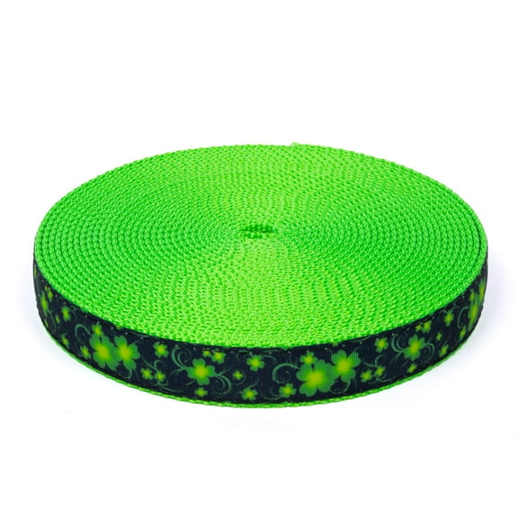 Country Brook Design - Clovers in the Wind on Hot Green Nylon Webbing (3/4 Inch, 10 Yards)