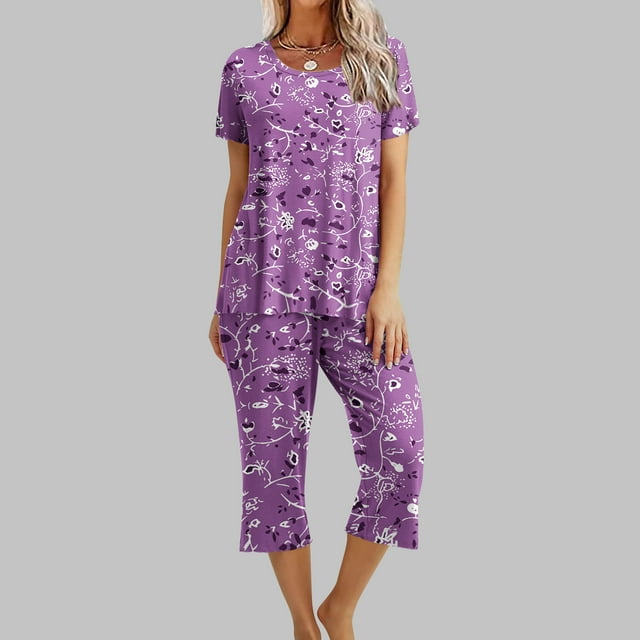Fankiway Ensemble de Pyjama pour Femmes à Imprimé, Col Rond, Manches Courtes, Chemise de Nuit et Pantalon, Tenue d'Intérieur avec Poches, Ensemble pour Femmes, Tenues d'Été, Tenues d'Été pour Femmes, 3231 Pcs