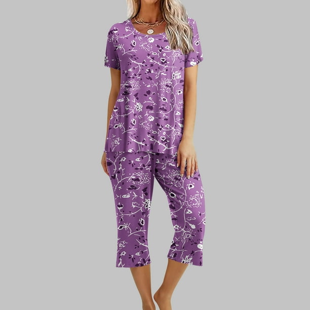ICHUANYI Clearance Women's Printing Round Neck Short Sleeve Sleepshirt And Pants Sets Loungewear Pajamas With Pockets(Purple, XXL) ICHUANYI WER2023080702669