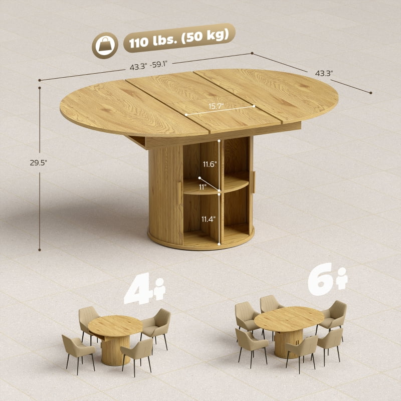 HOQBN Extendable Dining Table for 6, 60" Farmhouse Kitchen Table with 2-Tier Storage Shelf and Fluted Sliding Doors, Natural
