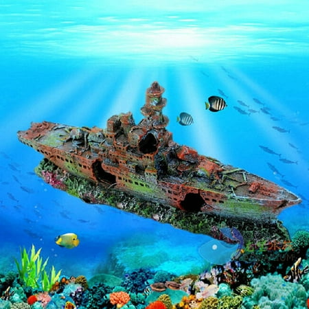 Navy Fish - Aquarium Destroyer Navy War Boat Ship Wreck Fish Tank Cave Decoration Ornament,9''X1.6''X4.3''