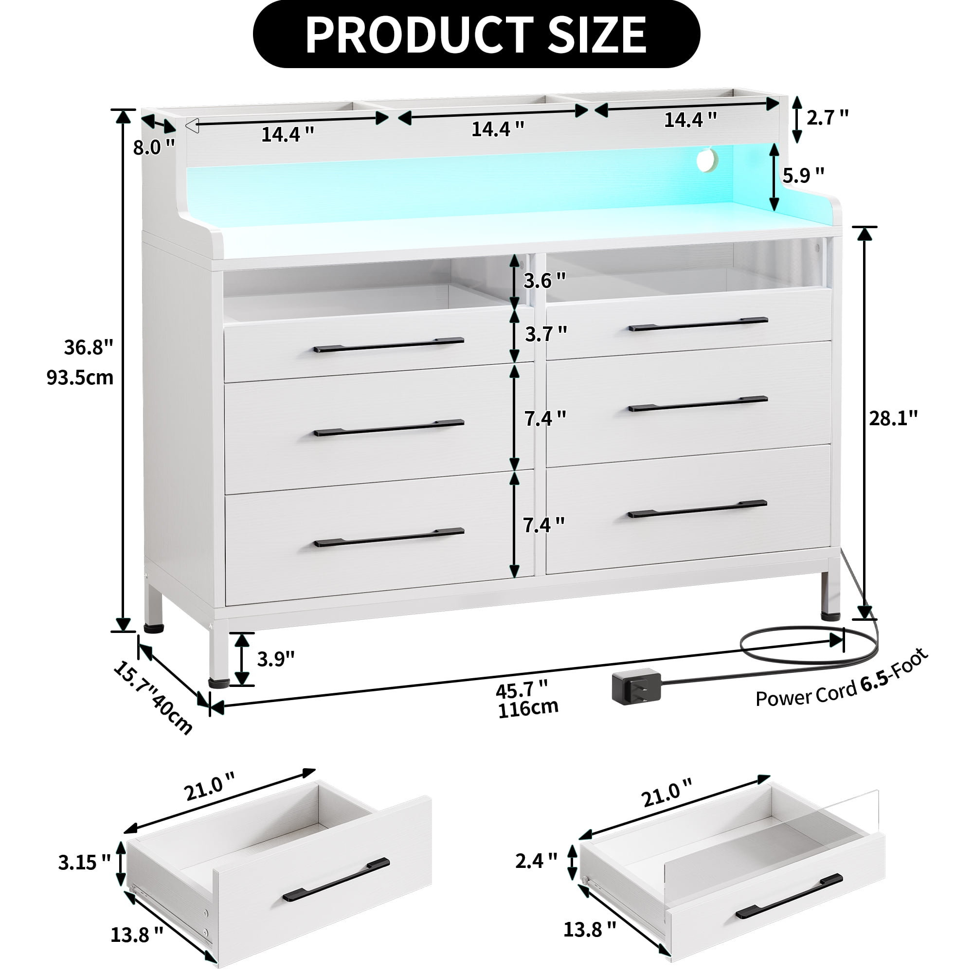Dextrus 6-Drawer Dresser for Bedroom, Modern Chest of Drawers with LED Light, Open Storage, Organizer, Adult, White