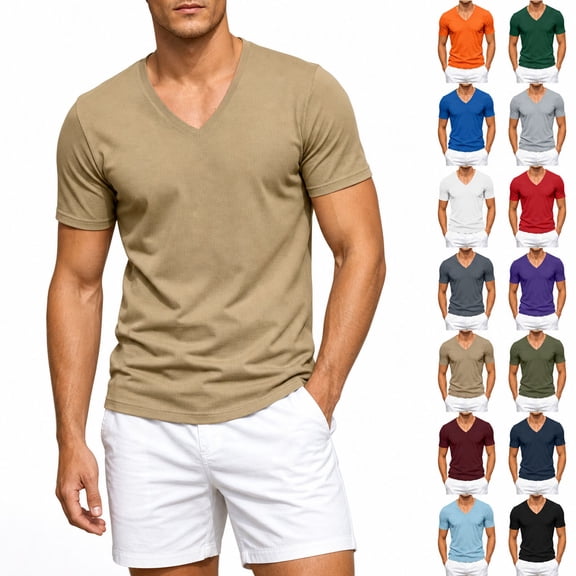 HAOTAGS Men’s V-Neck Short Sleeve Running T-Shirt Breathable Mesh Fabric Moisture-Wicking Lightweight & Sporty Fit Tops Khaki Size L