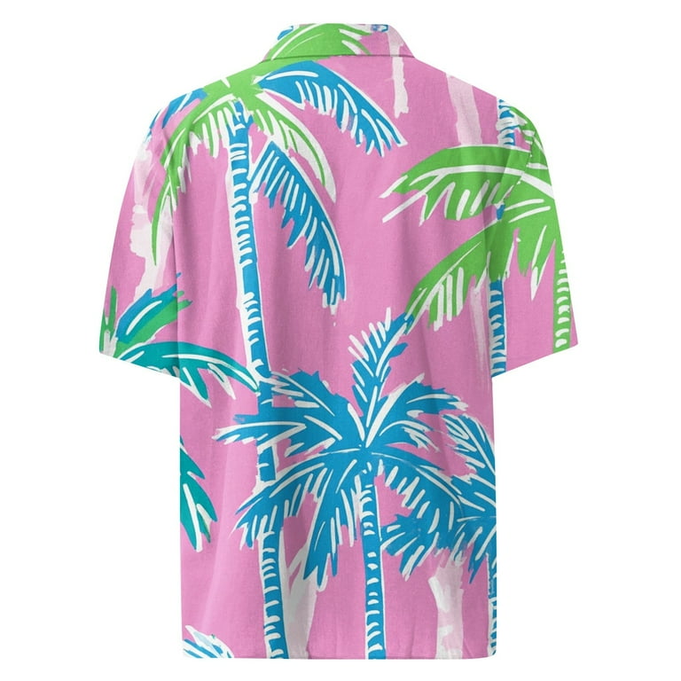 Lzzidou Men's Hawaiian Shirt - Peach Pink Tropical Floral Short Sleeve Button Down, Size 3XL