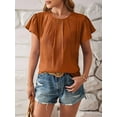 thumbnail image 2 of Women Summer Dressy Pleated Petal Cap Short Sleeve Tops Elegant Casual Loose Fit Tunic Blouse Tees Brown XXL, 2 of 8