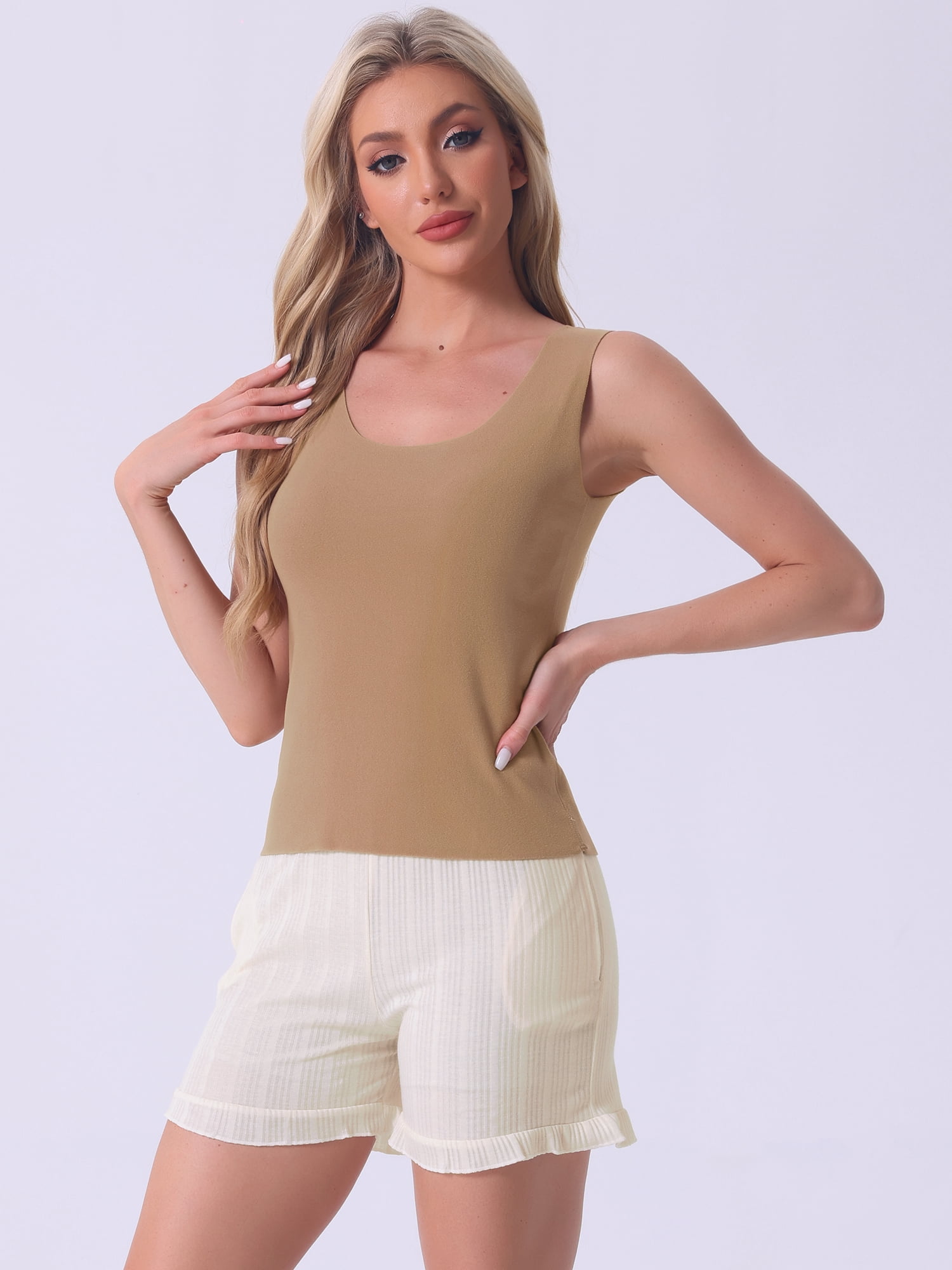 DARING DIVA Women's Tank Top Plush Sleeveless Warm Thick Layer Camisole XS Khaki