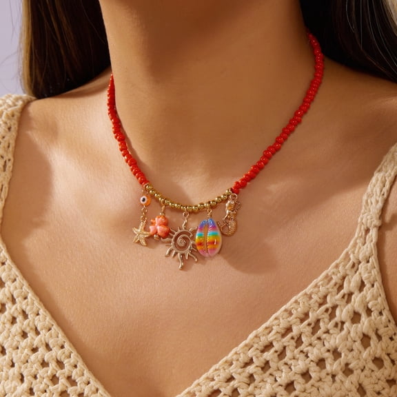 NICKSUN Boho Tropical Beaded Choker Necklace, Marine Charm Neck Chain with Seashell, Mermaid & Starfish Pendants, Summer Island Vacation Statement Jewelry