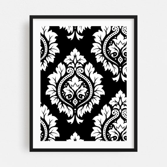 Decorative Damask Art White on Black - Digital Art Pattern Floral Black and White Geometric Abstract Modern Art Art Deco Black Framed Wall Art Print 11 x 14 inches