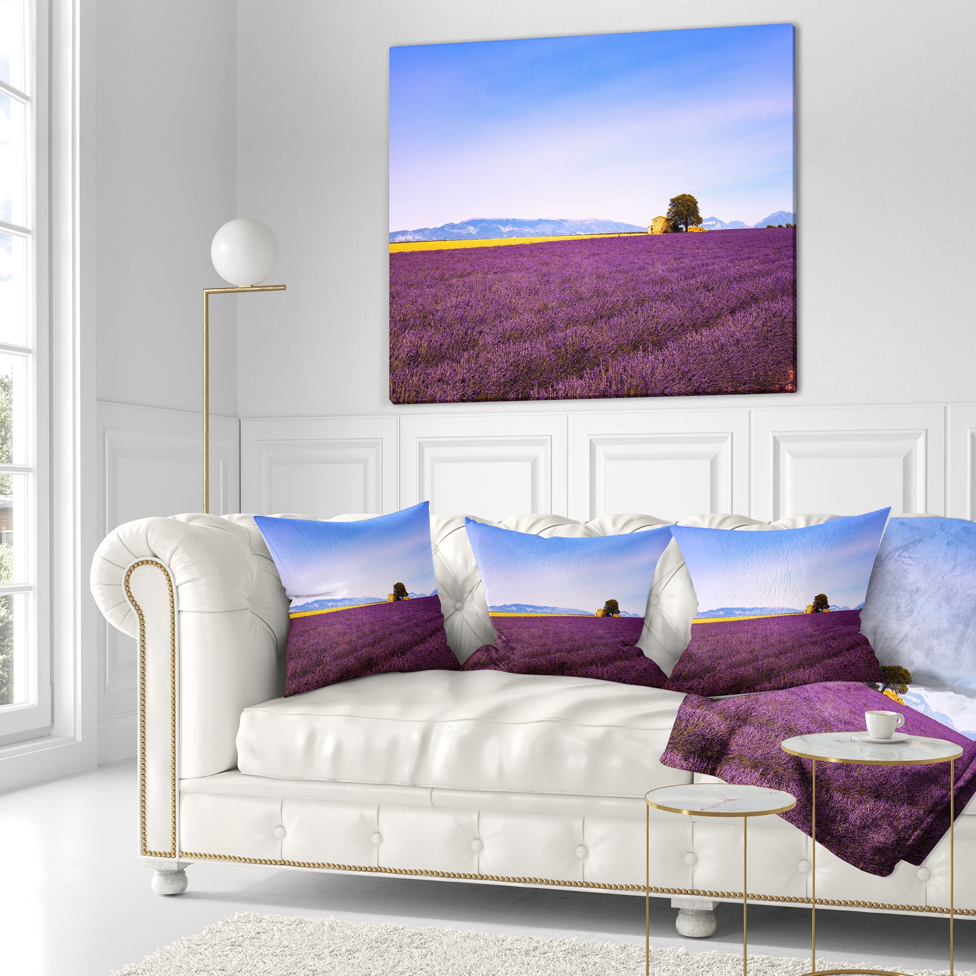 Designart Lavender Flowers with Old House - Landscape Wall Throw Pillow - 16x16