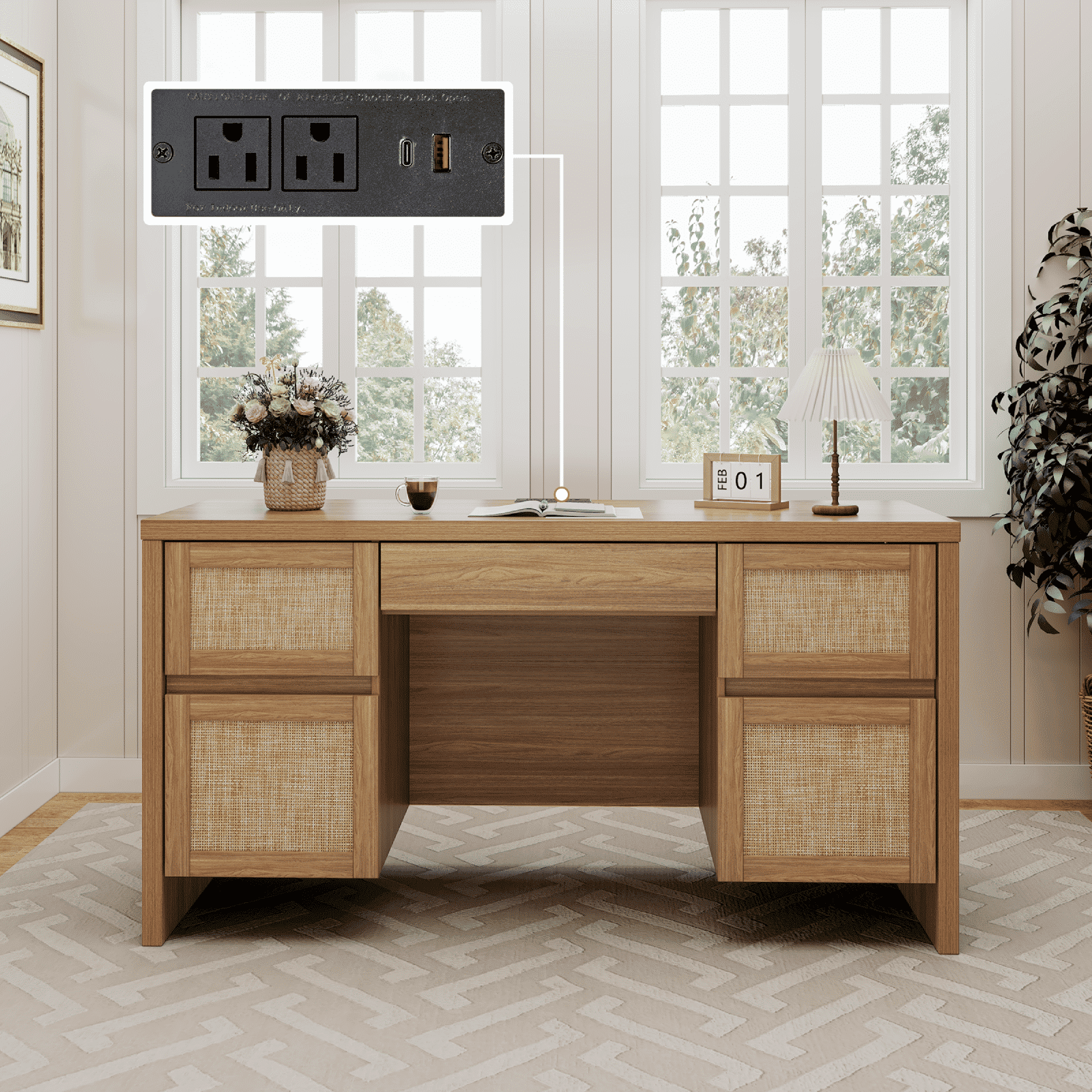 Brafabhome 57" Rattan Executive Desk with 5 Storage Drawers, Modern Study Writing Table Wooden Computer Desks with Charging Station for Home Office Bedroom | Oak