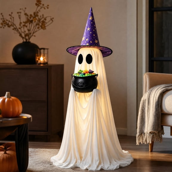 53.15in Lighted Halloween Ghost Candy Holder Decor with Witch Hats for Porch Indoor Outdoor Holiday Display