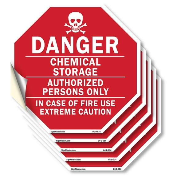 Danger Chemical Storage Authorized Persons Only in Case of Fire Use Extreme Caution (5 Pack) 6 inch X 6 inch Octagon Vinyl Label Decal Sticker Weather Resistant, UV Protected, Made in