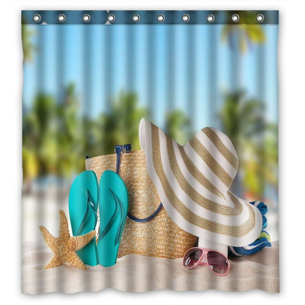 PHFZK Summer Beach Shower Curtain, Palm Trees Tropical Island Polyester
