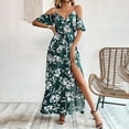 thumbnail image 2 of Taqqpue Womens Summer Maxi Dress V Neck Cold Shoulder Short Sleeve Casual Loose Long Split Dress Floral Boho Flowy Tropical Print Beach Long Sundress, 2 of 9