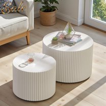 GZXS Round Fluted Coffee Table Set of 2 - Waterproof & Eco-Friendly MDF Nesting Tables, No Assembly, for Living Room, 300lbs Capacity (White)