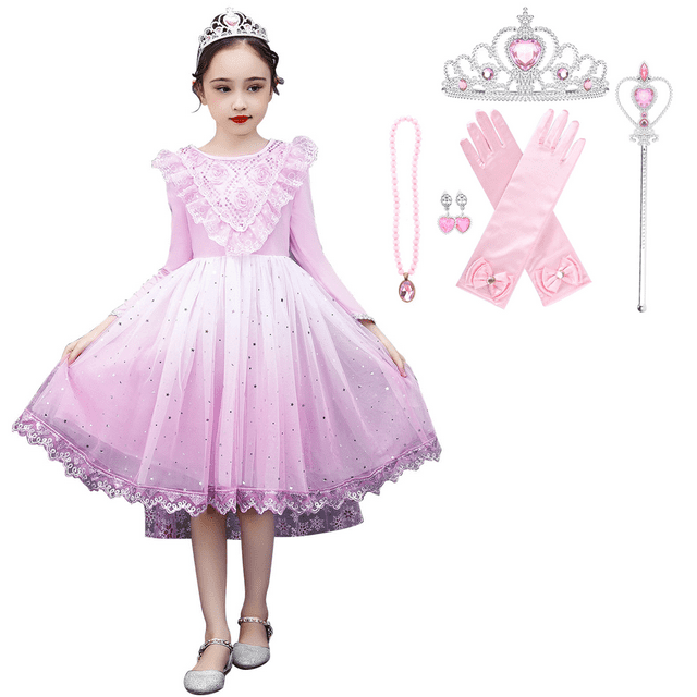 Princess Robe, Costume à Manches Longues avec de Riches Accessoires pour Fille de 3 à 8 Ans, Rose