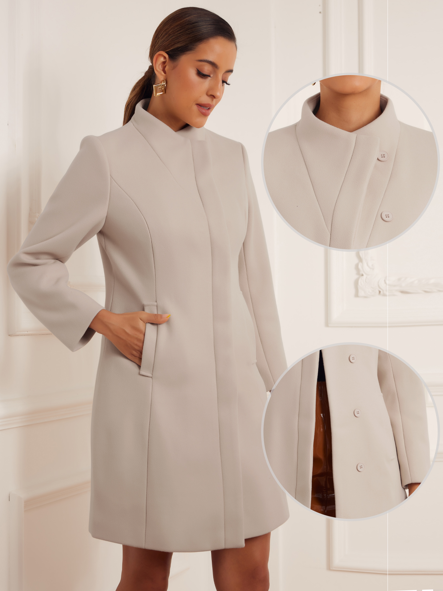 DARING DIVA Women's Stylish Peacoat Wrap Collar 2024 Winter Trench Long Coat L Beige