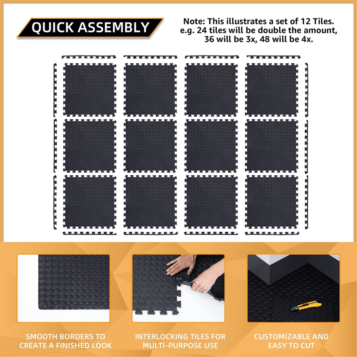 12 Pack Floor Exercise Mat for Home Gym or Floor Padding for Yoga, Weights Gym Equipment Black