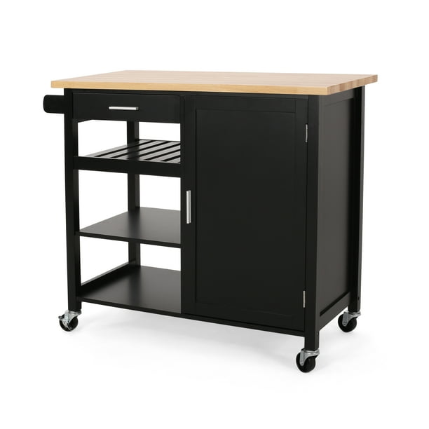 Carmelina Contemporary Kitchen Cart with Wheels, Black and Natural
