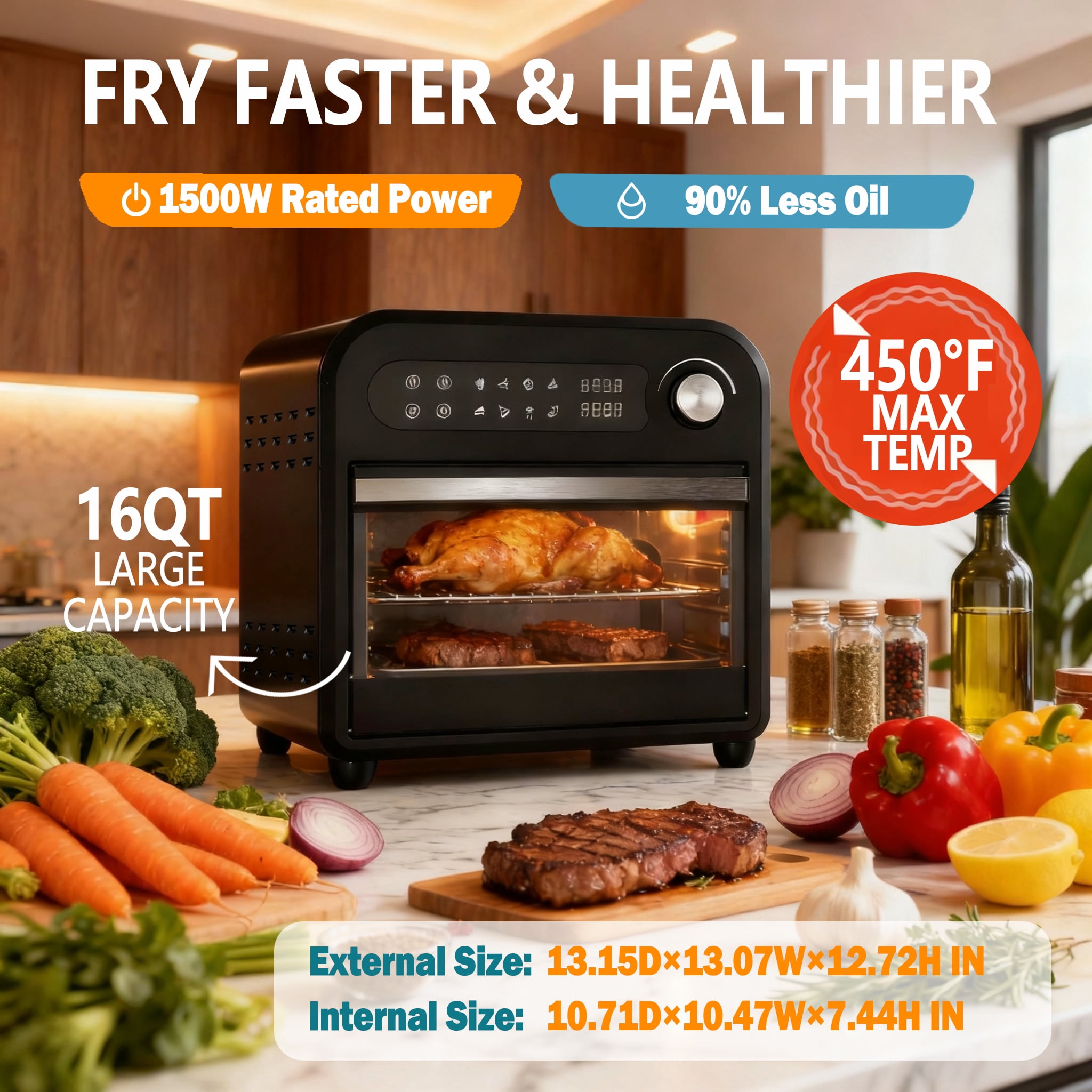 Fitfort 16QT Digital Air Fryer Oven Toaster Combo with 360° Hot Air Circulation, 1500W Fast Heating, Transparent Door Window, Precise Temperature Control, Includes 5 Accessories