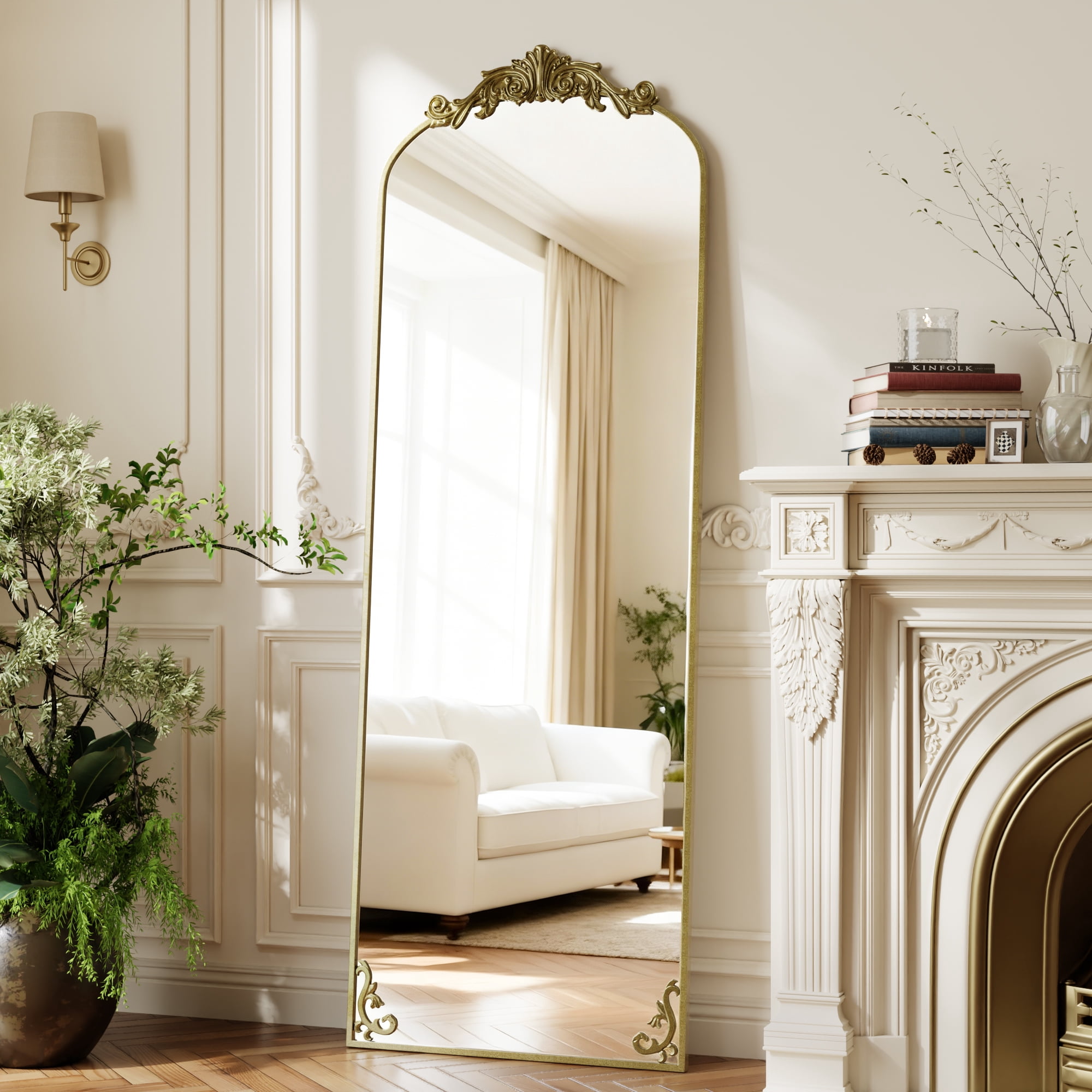 AUROMIR 70"x 24" Arched Full Length Mirror Vintage Floor Mirror with Carved Metal Frame, Gold