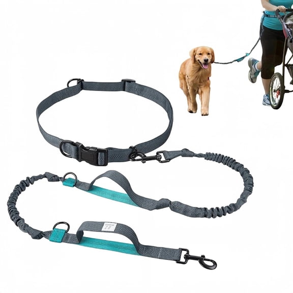 Hands Free Dog Bungee Leash, Adjustable Waist Pouch, with Reflective, 150lb Max, for Walking Running, Light Blue