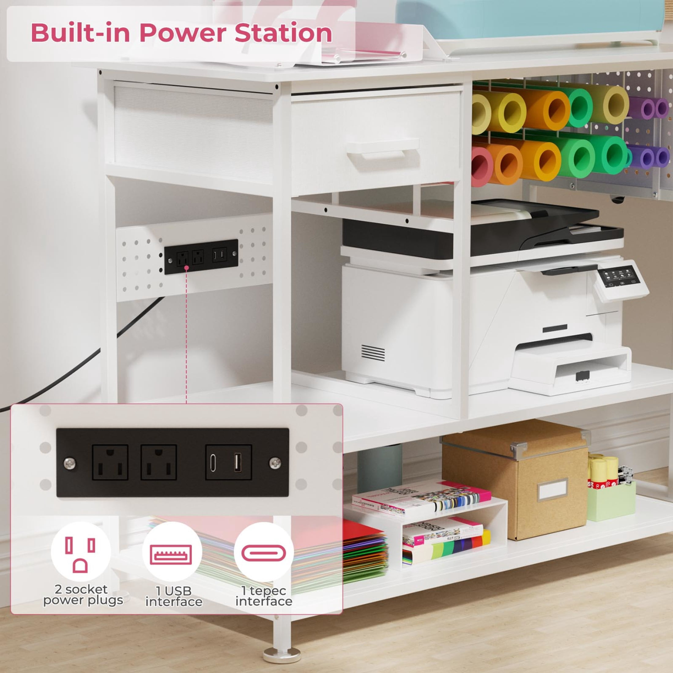 Noble House Large Rolling Heat Press Stand Desk, Metal Workbench with Vinyl Storage, Drawer & Charging Station, White