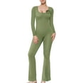 thumbnail image 3 of FEORJGP Women Flare Pants Jumpsuit Long Sleeve Bodysuit Solid Color U-Neck Bodycon Jumpsuit Wide Leg Full Length Romper 3D Flower Decor Slim Fit Outfit, 3 of 5