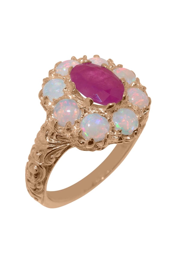 LBG British Made Classic Solid 14k Rose Gold Natural Ruby & Opal Womens Anniversary Ring - 33 size options - Size 5.25