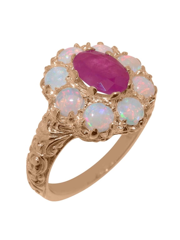 LBG British Made Classic Solid 14k Rose Gold Natural Ruby & Opal Womens Anniversary Ring - 33 size options - Size 5.25