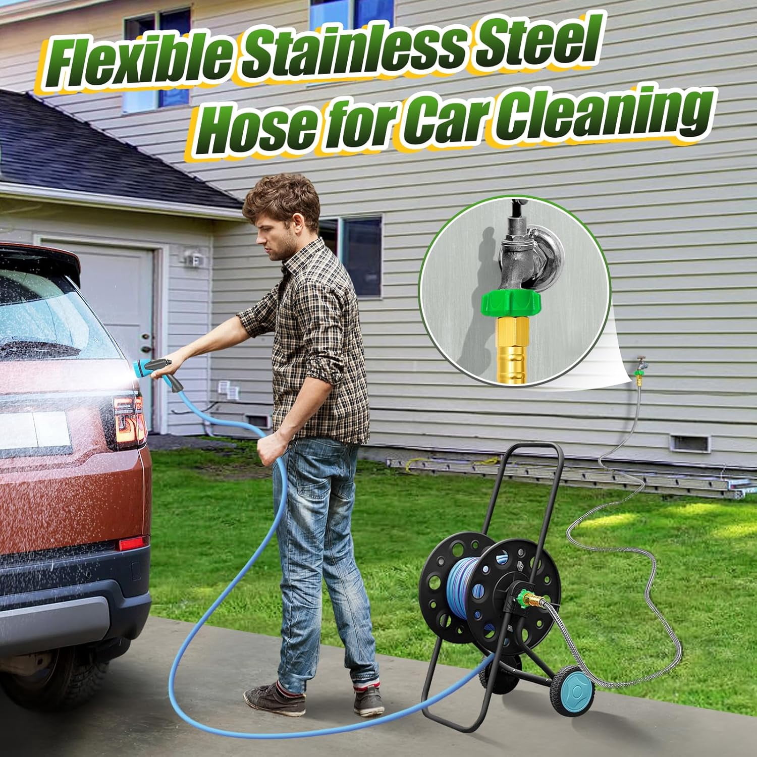 10FT Short Garden Hose Female to Female – Stainless Steel Leader Hose for Hose Reel, Kink-Free Flexible Metal Water Hose, Leakproof Heavy Duty for Outdoor Garden, Car, Pet Washing