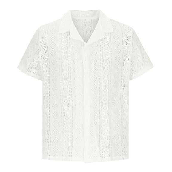 Lace Shirts for Men Short Sleeve Button-Down Collared Tshirts Shirt Mens Casual Solid Color Breathable Hollow-Out Going-Out Beach Tees Tops