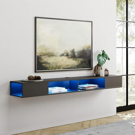 70 inch Floating TV Stand with Blue Lights  Floating Entertainment Center for TVs up to 75 inch  Floating TV Shelf Wall Mounted with Storage Space for Living Room  Black