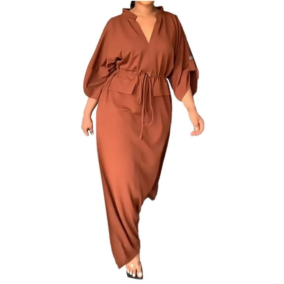 Casual Dresses For Womens Solid Color V Neck Long Sleeve Fashion Maxi Dress Sportwear