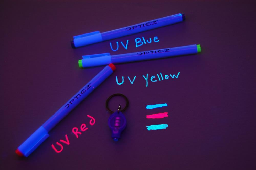 Opticz Invisible UV Blacklight Reactive Ink Markers Blue Red Yellow with UV Light