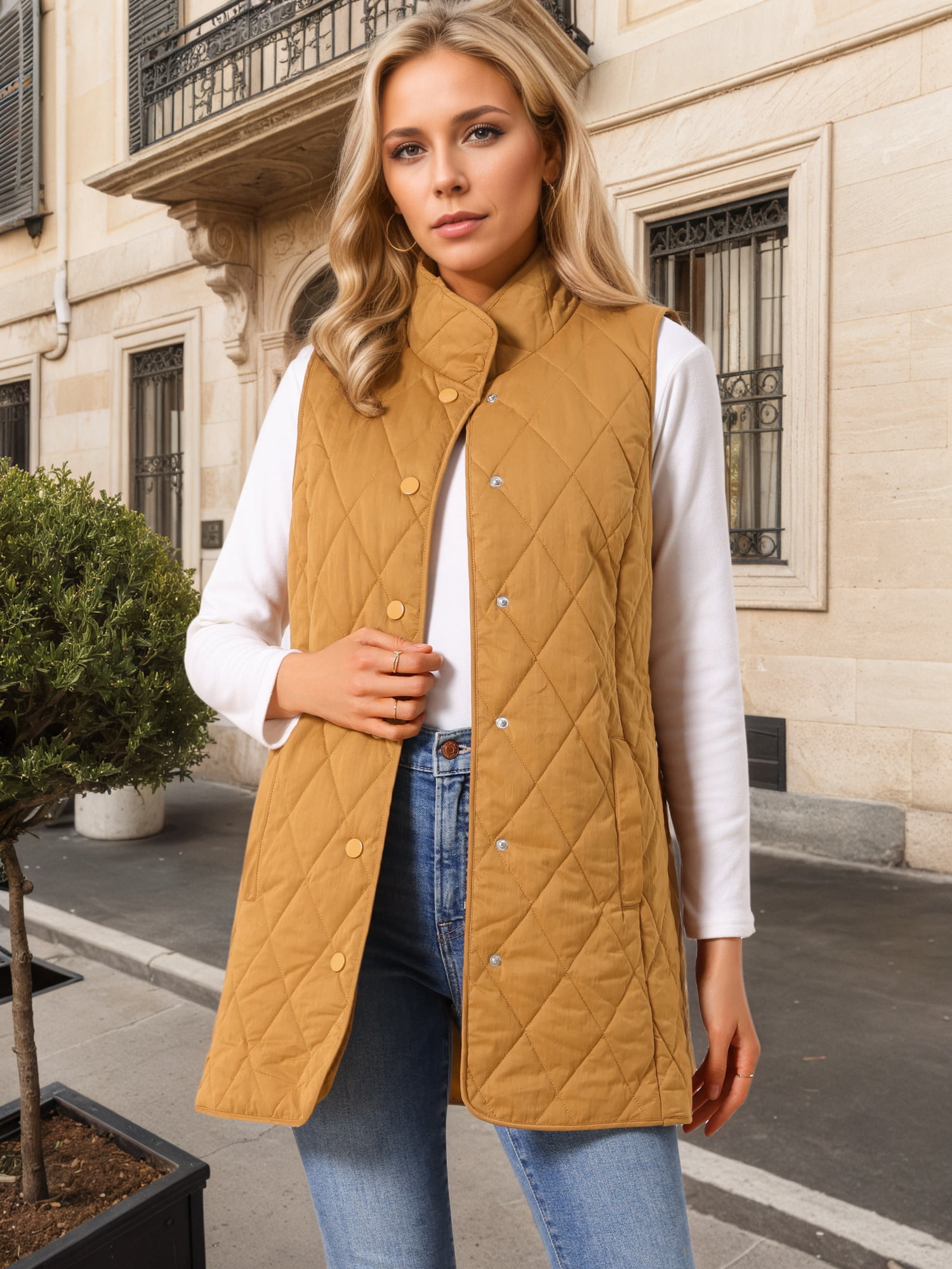 DARING DIVA Women's Stand Collar Sleeveless Puffy Jacket Lightweight Gilet L Brown